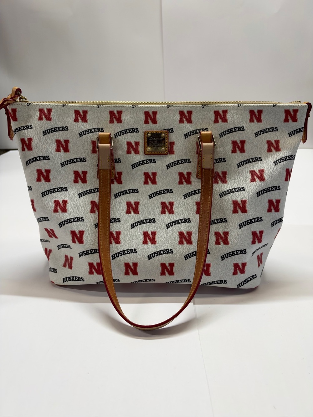 Dooney & Bourke White Red Huskers Logo Tote with Tan Straps